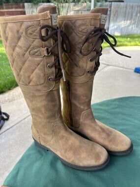 UGG Elsa Deco Quilted Tall Waterproof Boots - Chestnut Leather Women’s Size 7.5